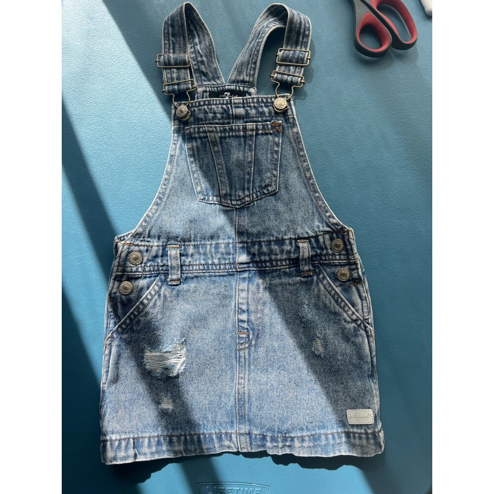 7 For All Mankind Girls Distressed Denim Overall Dress, 3T, Medium Wash Blue